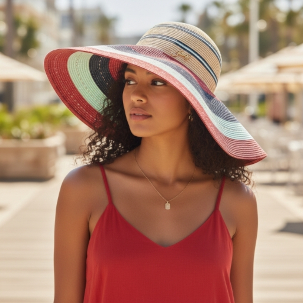 Juicy Couture Woven Straw Hat Beach Striped Logo Vacation Sun Hat